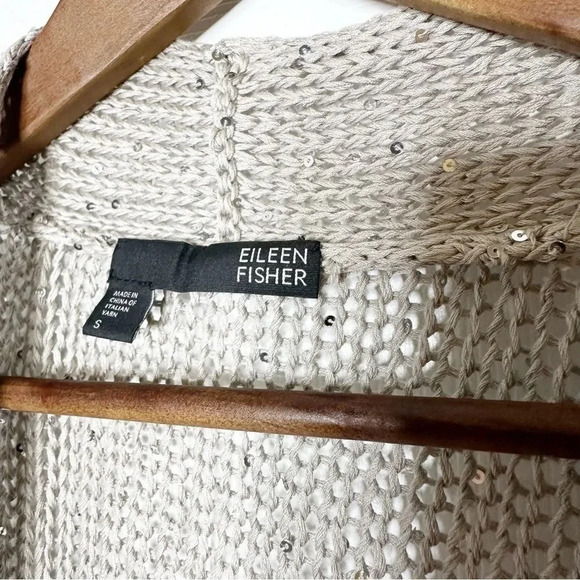 EILEEN FISHER Taupe Sequin Knit Open Front Cardigan Size Small - Picture 4 of 6